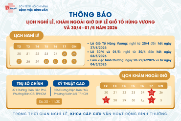 Thông báo lịch nghỉ lễ, khám ngoài giờ dịp Lễ Giỗ tổ Hùng Vương và 30/4 - 01/5 năm 2026